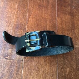 Vintage Express Black Italian Leather Belt with Tortoise Shell Buckle, Size Sm